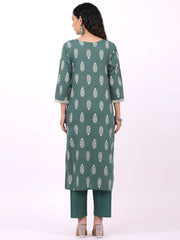 Satrangi Women's Green Cotton Regular Fit 3/4th Sleeve Round Neck Printed Kurta Set - Satrangi Fashion