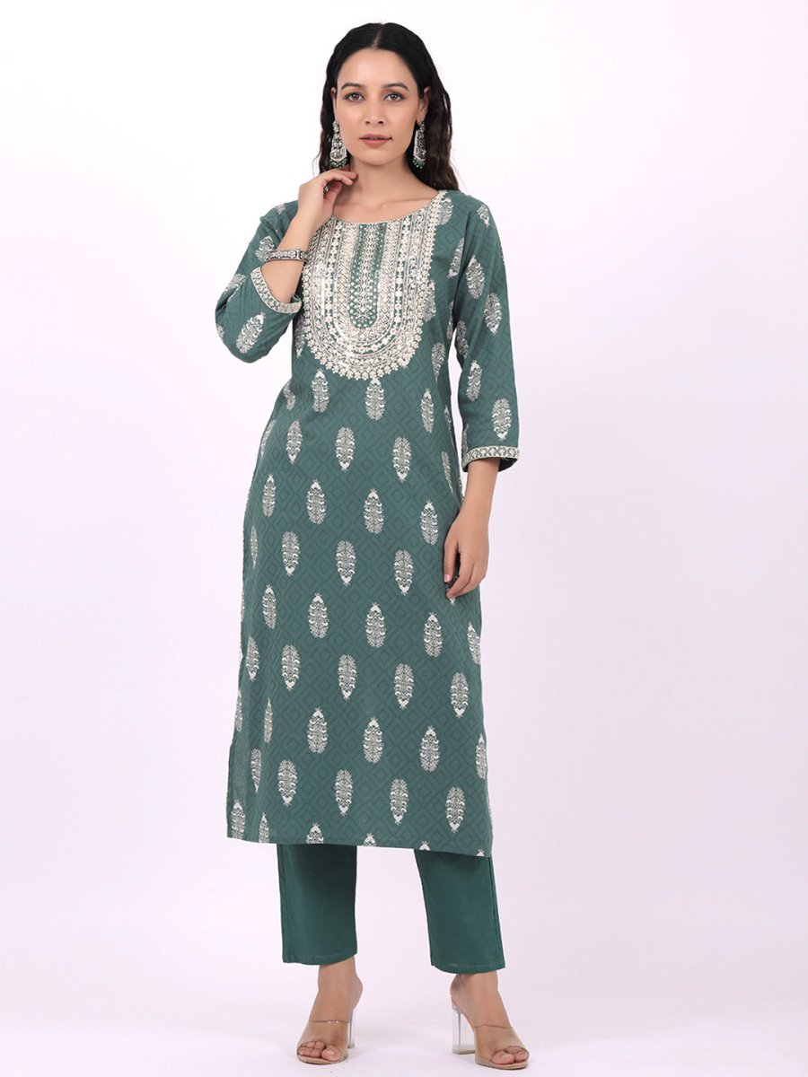 Satrangi Women's Green Cotton Regular Fit 3/4th Sleeve Round Neck Printed Kurta Set - Satrangi Fashion