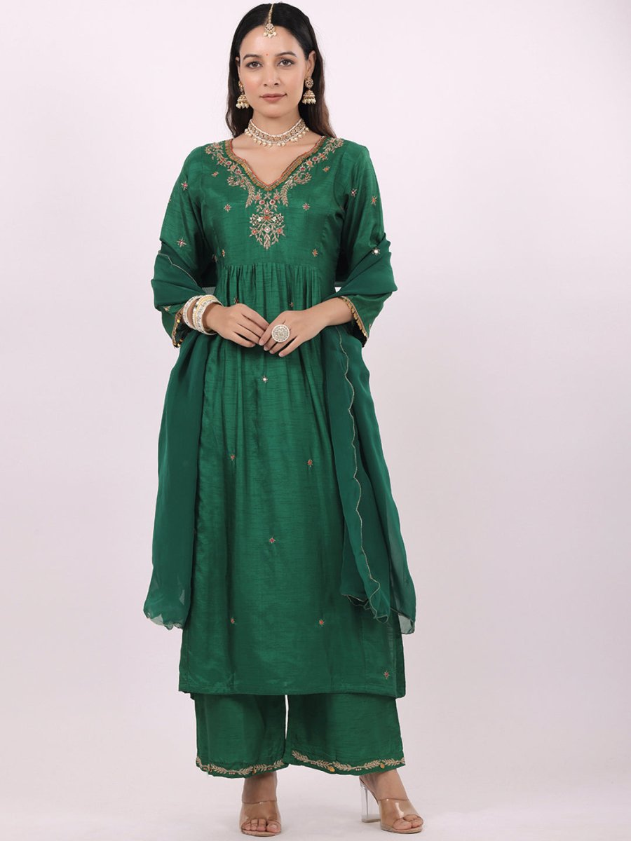 Satrangi Women's Green Viscose Silk Embroidered Kurta Set with V Neck and Three Fourth Sleeves - Satrangi Fashion