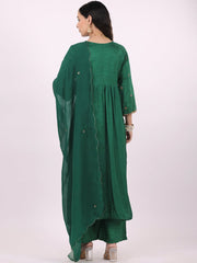 Satrangi Women's Green Viscose Silk Embroidered Kurta Set with V Neck and Three Fourth Sleeves - Satrangi Fashion