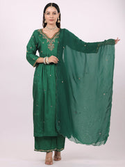 Satrangi Women's Green Viscose Silk Embroidered Kurta Set with V Neck and Three Fourth Sleeves - Satrangi Fashion