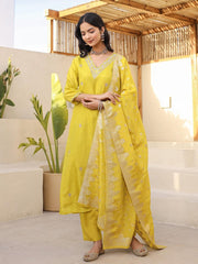 Satrangi Women's Lemon Yellow V - Neck Embroidered Kurta Pant Set - 3/4th Sleeve Printed Set for Women - Satrangi Fashion