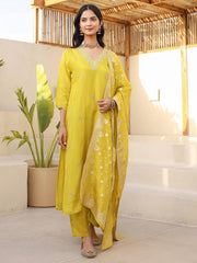 Satrangi Women's Lemon Yellow V - Neck Embroidered Kurta Pant Set - 3/4th Sleeve Printed Set for Women - Satrangi Fashion