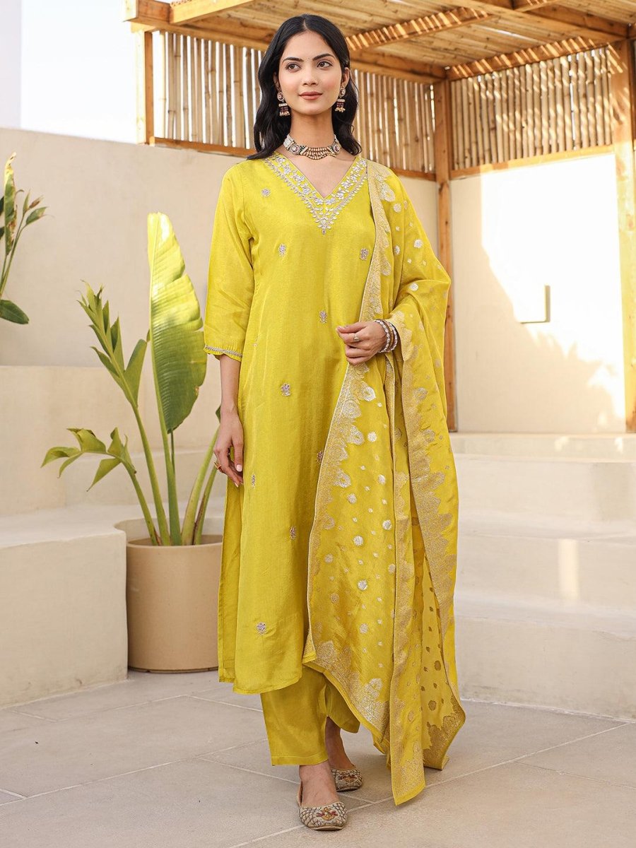 Satrangi Women's Lemon Yellow V - Neck Embroidered Kurta Pant Set - 3/4th Sleeve Printed Set for Women - Satrangi Fashion