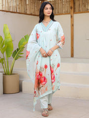 Satrangi Women's Light Blue Cotton V - Neck Printed Kurta & Pant Set - Satrangi Fashion