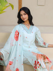 Satrangi Women's Light Blue Cotton V - Neck Printed Kurta & Pant Set - Satrangi Fashion