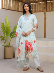 Satrangi Women's Light Blue Cotton V - Neck Printed Kurta & Pant Set - Satrangi Fashion