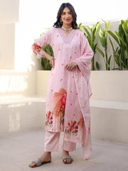 Satrangi Women's Light Pink Cotton V - Neck Printed Kurta & Pant Set - Satrangi Fashion