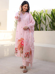 Satrangi Women's Light Pink Cotton V - Neck Printed Kurta & Pant Set - Satrangi Fashion