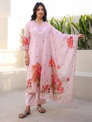 Satrangi Women's Light Pink Cotton V - Neck Printed Kurta & Pant Set - Satrangi Fashion