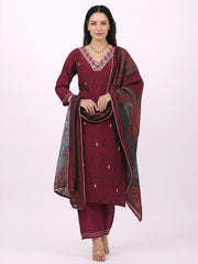 Satrangi Women's Maroon Blended Silk Embroidered V Neck Three Fourth Sleeve Kurta Set - Satrangi Fashion