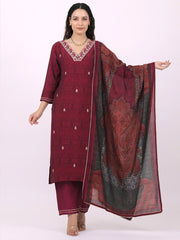 Satrangi Women's Maroon Blended Silk Embroidered V Neck Three Fourth Sleeve Kurta Set - Satrangi Fashion