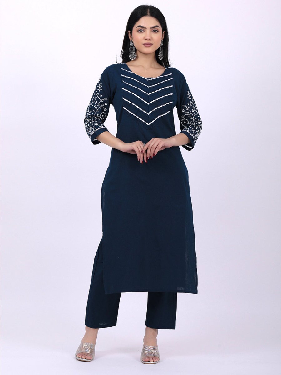 Satrangi Women's Navy Blue Cotton Embroidered Kurta Set with Round Neck and Three Fourth Sleeves - Satrangi Fashion