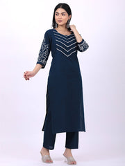 Satrangi Women's Navy Blue Cotton Embroidered Kurta Set with Round Neck and Three Fourth Sleeves - Satrangi Fashion