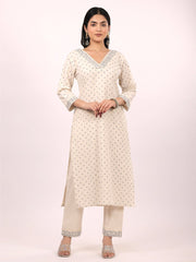 Satrangi Women's Off White & Blue Cotton V Neck Printed Kurta Set with Three Fourth Sleeves - Satrangi Fashion