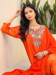 Satrangi Women's Orange Embroidered Viscose Shimmer Round Neck 3/4th Sleeve Kurta & Pant Set - Satrangi Fashion