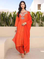 Satrangi Women's Orange Embroidered Viscose Shimmer Round Neck 3/4th Sleeve Kurta & Pant Set - Satrangi Fashion