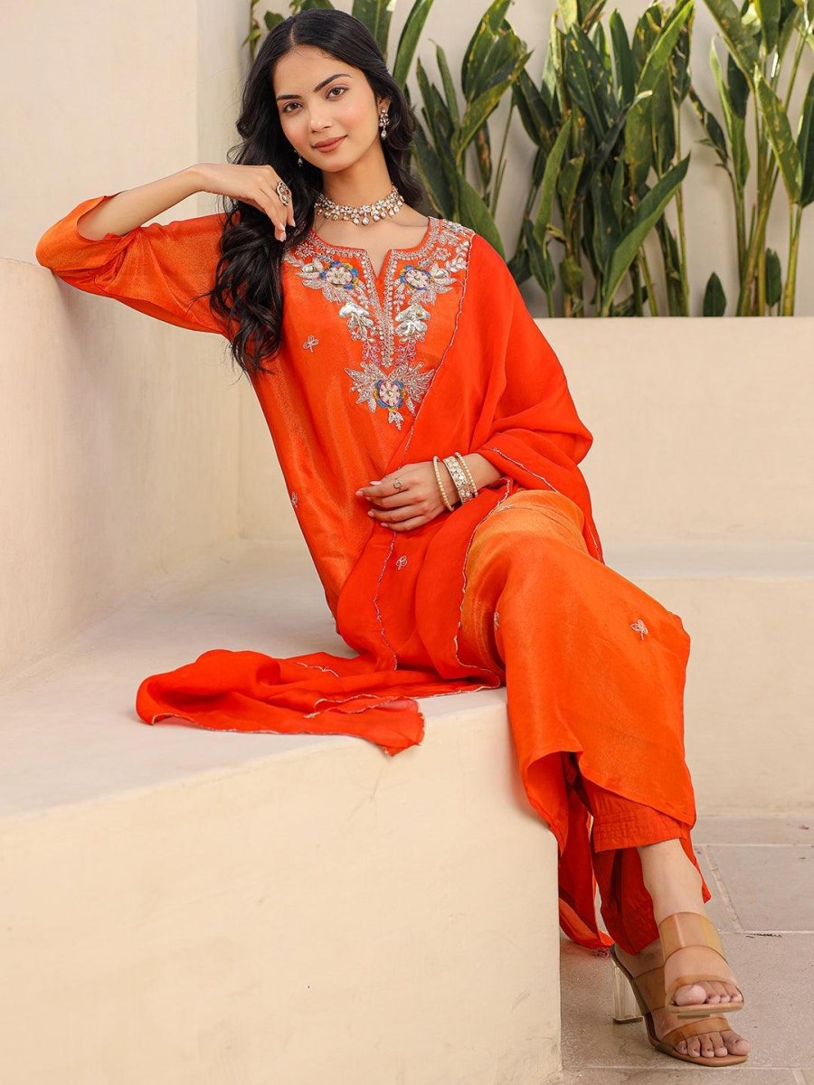 Satrangi Women's Orange Embroidered Viscose Shimmer Round Neck 3/4th Sleeve Kurta & Pant Set - Satrangi Fashion