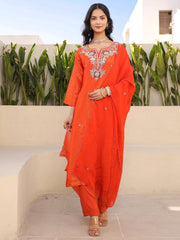 Satrangi Women's Orange Embroidered Viscose Shimmer Round Neck 3/4th Sleeve Kurta & Pant Set - Satrangi Fashion