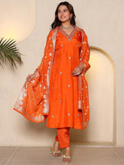 Satrangi Women's Orange V - Neck Embroidered Kurta Pant Set - 3/4th Sleeve Printed Set for Women - Satrangi Fashion