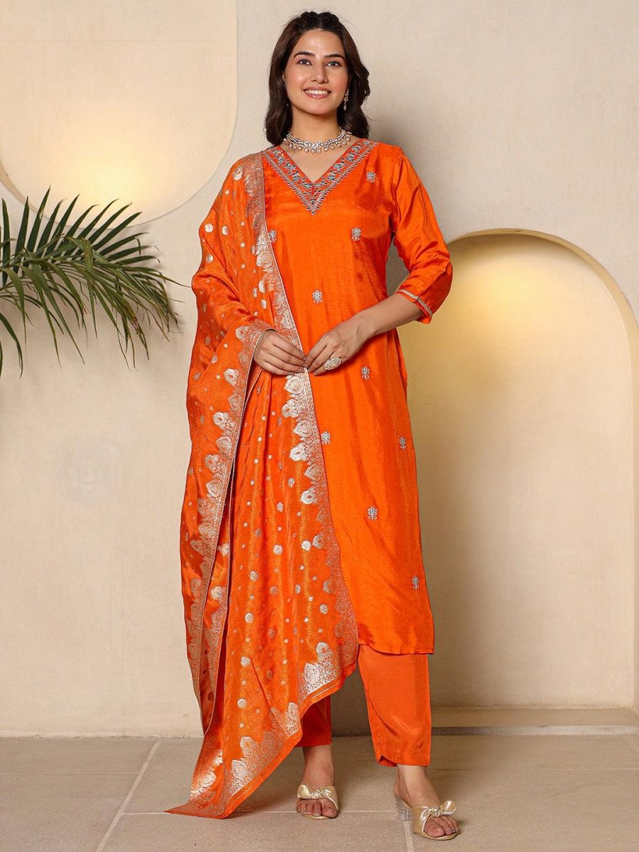 Satrangi Women's Orange V - Neck Embroidered Kurta Pant Set - 3/4th Sleeve Printed Set for Women - Satrangi Fashion