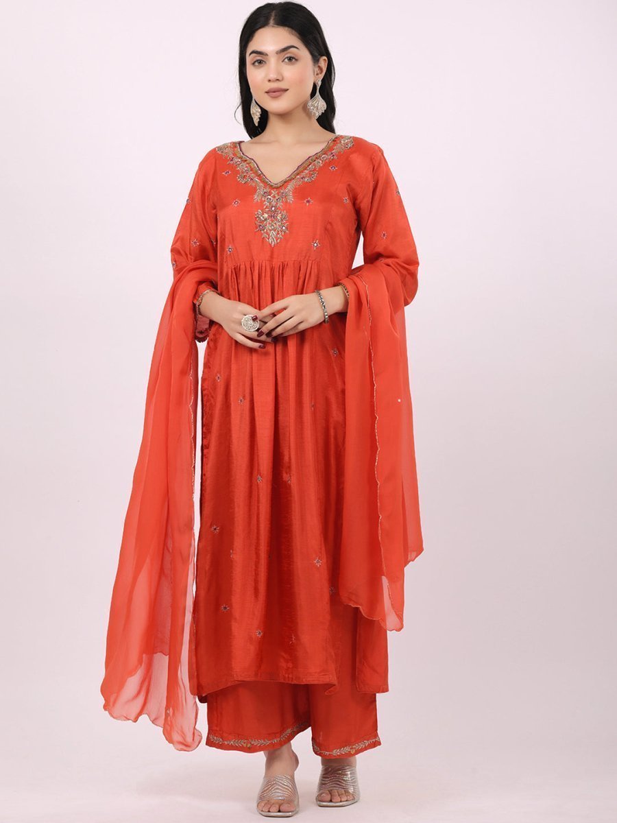 Satrangi Women's Orange Viscose Silk Embroidered Kurta Set with V Neck and Three Fourth Sleeves - Satrangi Fashion