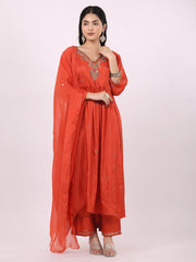 Satrangi Women's Orange Viscose Silk Embroidered Kurta Set with V Neck and Three Fourth Sleeves - Satrangi Fashion