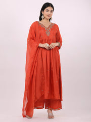 Satrangi Women's Orange Viscose Silk Embroidered Kurta Set with V Neck and Three Fourth Sleeves - Satrangi Fashion