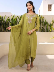 Satrangi Women's Parrot Green Embroidered 3/4th Sleeve Round Neck Kurta & Pant Set - Satrangi Fashion