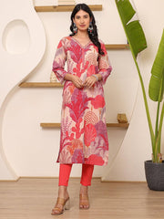 Satrangi Women's Peach Cotton V - Neck Printed Kurta - 3/4th Sleeve - Satrangi Fashion