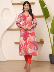 Satrangi Women's Peach Cotton V - Neck Printed Kurta - 3/4th Sleeve - Satrangi Fashion