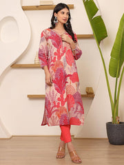 Satrangi Women's Peach Cotton V - Neck Printed Kurta - 3/4th Sleeve - Satrangi Fashion