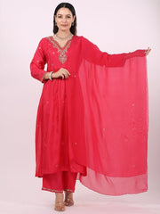 Satrangi Women's Pink Viscose Silk Embroidered 3/4th Sleeve V Neck Kurta Set - Satrangi Fashion