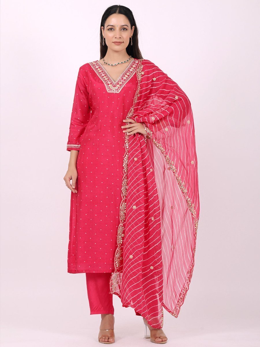 Satrangi Women's Pink Viscose Silk Embroidered 3/4th Sleeve V Neck Kurta Set - Satrangi Fashion