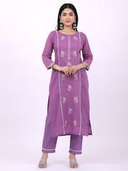 Satrangi Women's Purple Cotton Embroidered Kurta Set with Round Neck and Three Fourth Sleeves - Satrangi Fashion