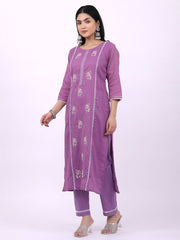 Satrangi Women's Purple Cotton Embroidered Kurta Set with Round Neck and Three Fourth Sleeves - Satrangi Fashion