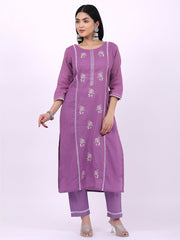 Satrangi Women's Purple Cotton Embroidered Kurta Set with Round Neck and Three Fourth Sleeves - Satrangi Fashion