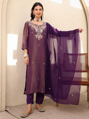 Satrangi Women's Purple Embroidered Viscose Shimmer Round Neck 3/4th Sleeve Kurta & Pant Set - Satrangi Fashion