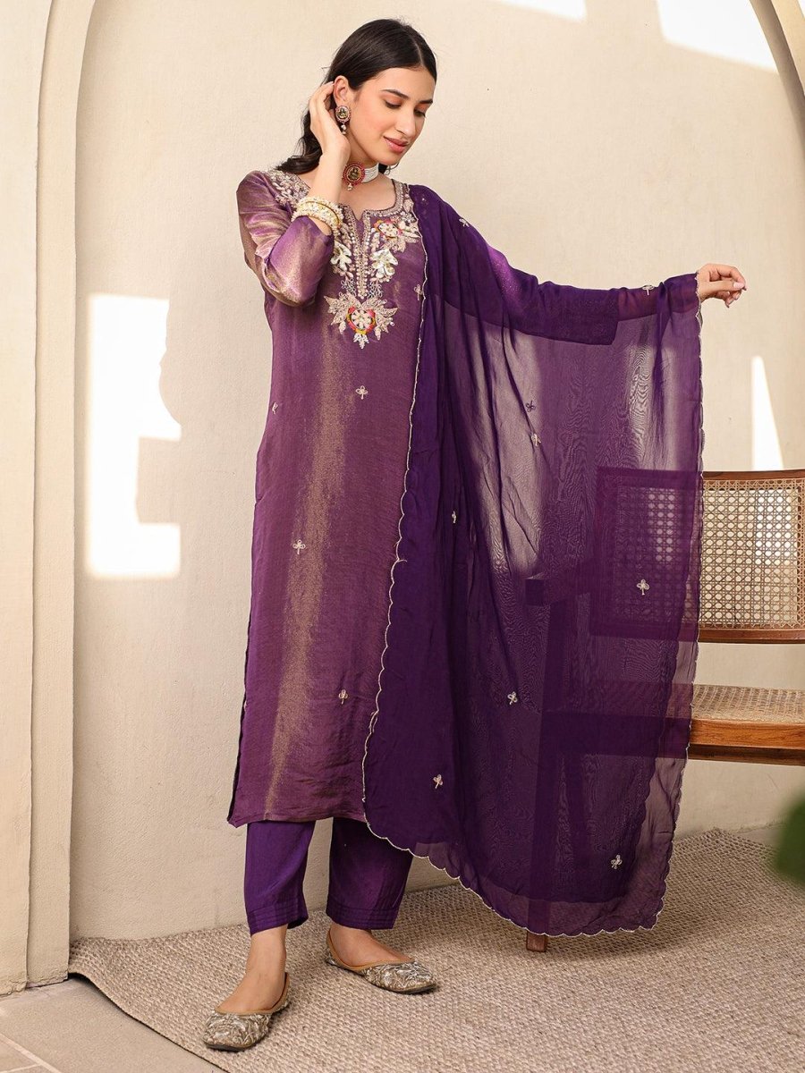 Satrangi Women's Purple Embroidered Viscose Shimmer Round Neck 3/4th Sleeve Kurta & Pant Set - Satrangi Fashion