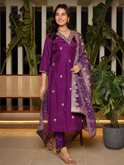 Satrangi Women's Purple V - Neck Embroidered Kurta Pant Set with 3/4th Sleeves - Satrangi Fashion