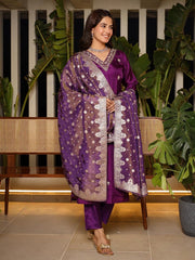 Satrangi Women's Purple V - Neck Embroidered Kurta Pant Set with 3/4th Sleeves - Satrangi Fashion