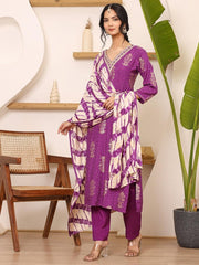 Satrangi Women's Purple Viscose Printed Kurta Pant Set with V - Neck and 3/4th Sleeves - Satrangi Fashion