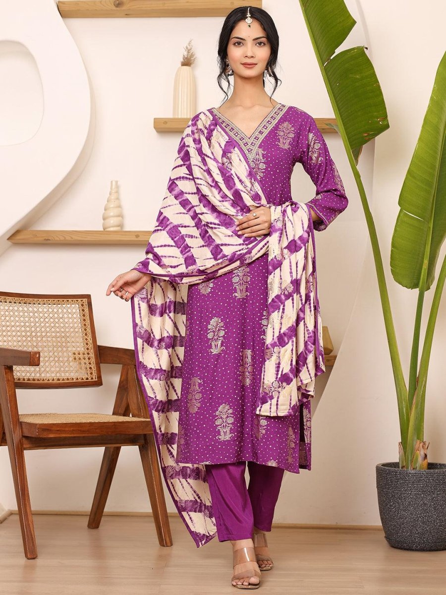 Satrangi Women's Purple Viscose Printed Kurta Pant Set with V - Neck and 3/4th Sleeves - Satrangi Fashion