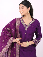 Satrangi Women's Purple Viscose Silk Embroidered 3/4th Sleeve V Neck Kurta Set - Satrangi Fashion