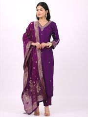 Satrangi Women's Purple Viscose Silk Embroidered 3/4th Sleeve V Neck Kurta Set - Satrangi Fashion