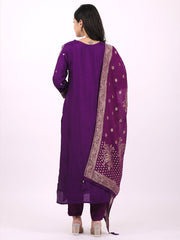 Satrangi Women's Purple Viscose Silk Embroidered 3/4th Sleeve V Neck Kurta Set - Satrangi Fashion