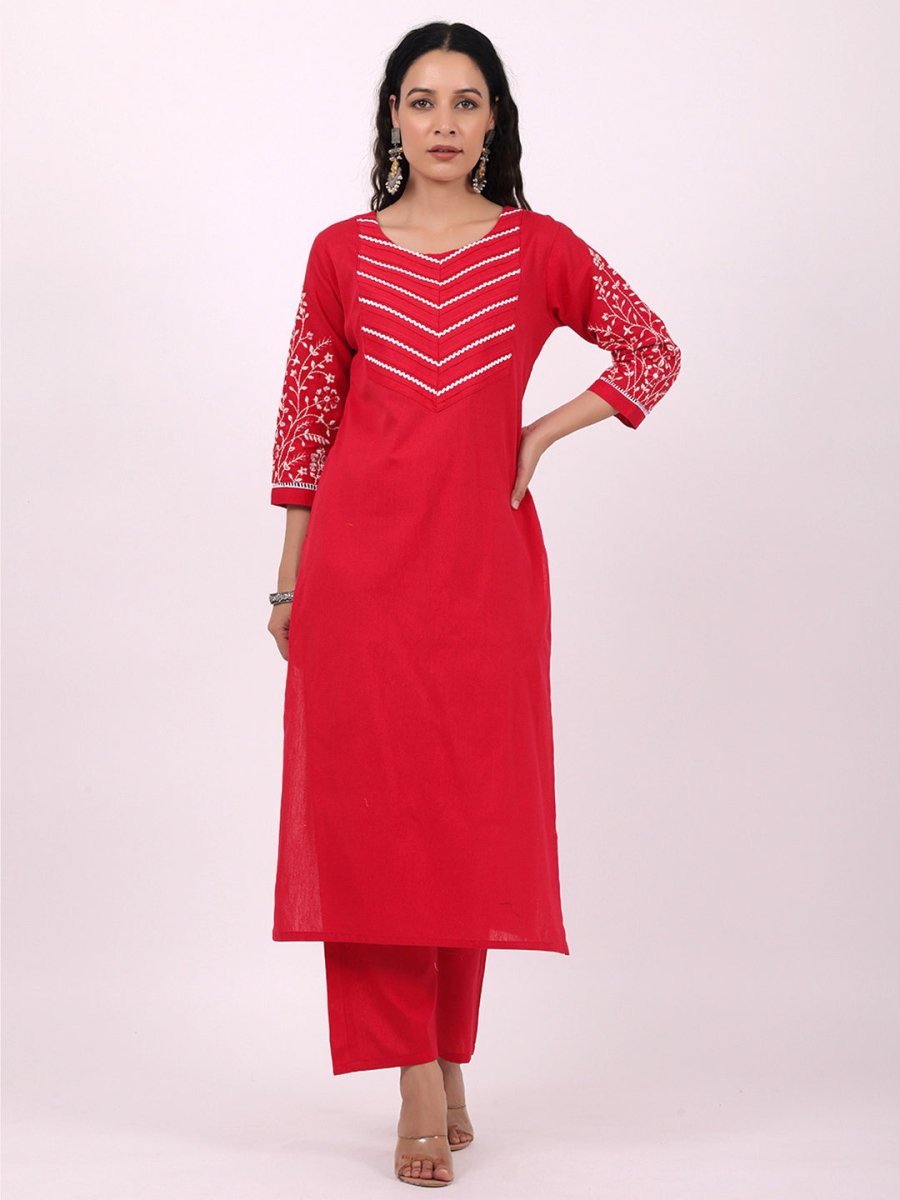 Satrangi Women's Red Cotton Embroidered 3/4th Sleeve Round Neck Kurta Set - Satrangi Fashion