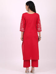 Satrangi Women's Red Cotton Embroidered 3/4th Sleeve Round Neck Kurta Set - Satrangi Fashion