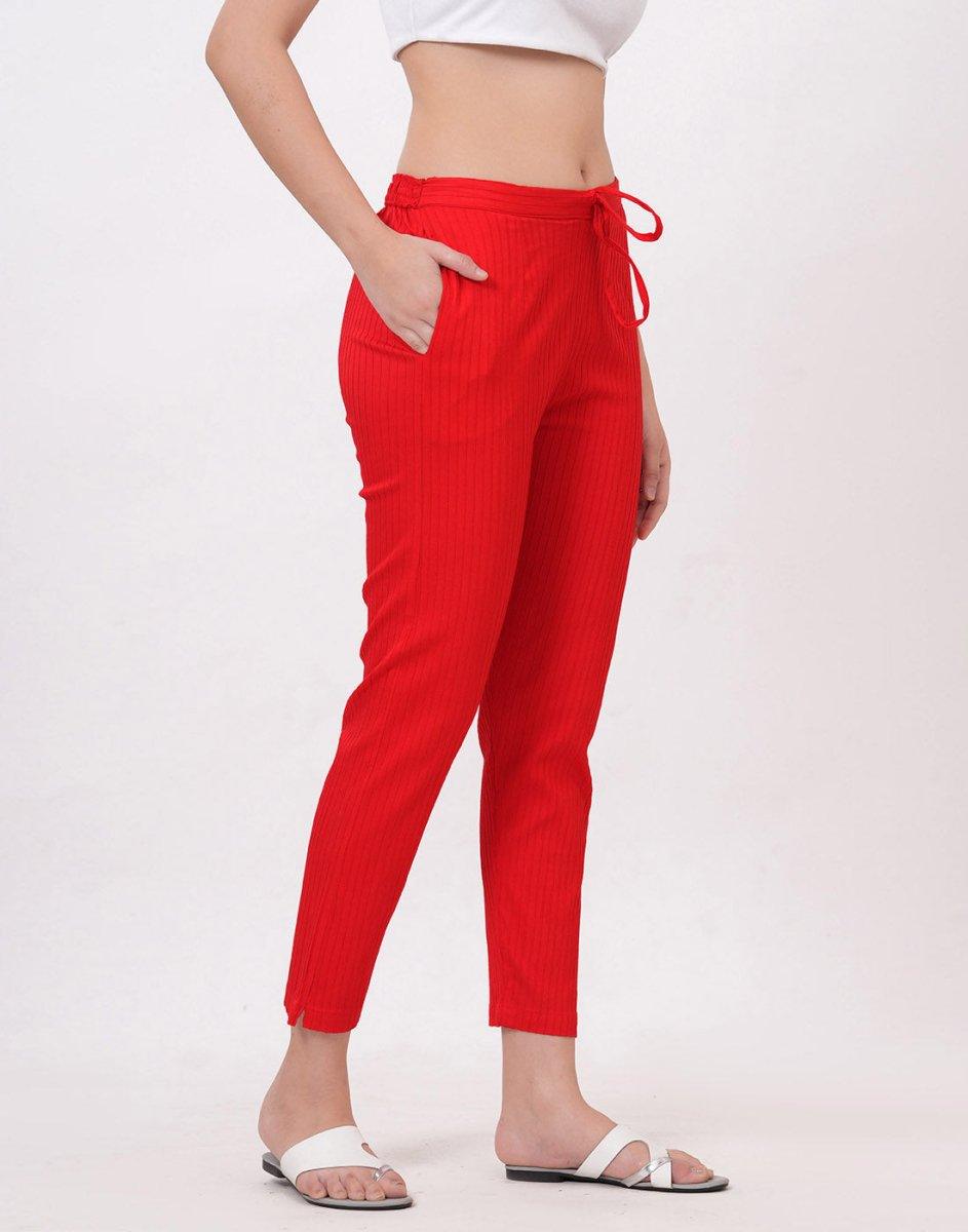 Satrangi Women's Red Viscose Ribbed Lycra Trouser - Satrangi Fashion