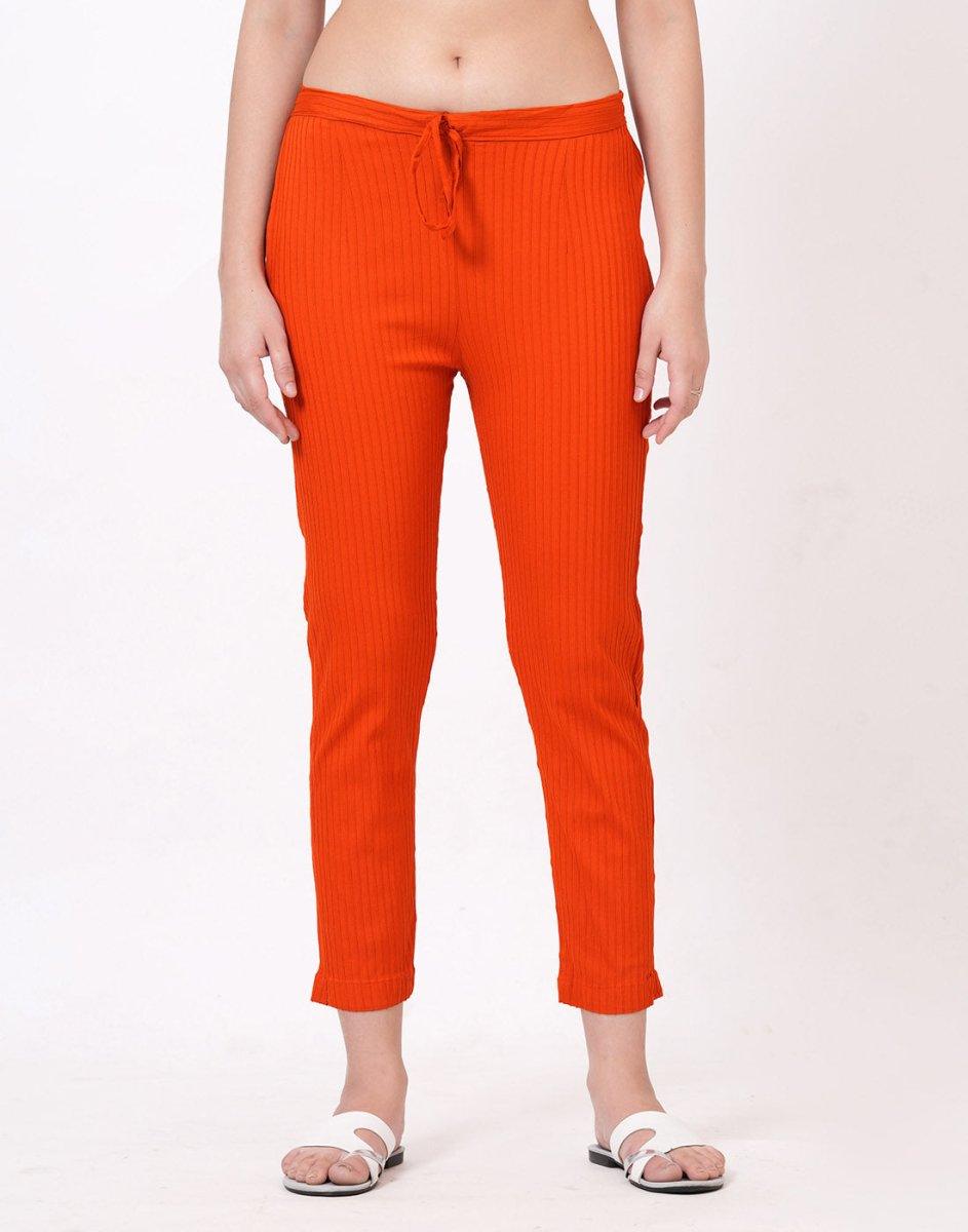 Satrangi Women's Rust Orange Viscose Ribbed Lycra Trouser - Satrangi Fashion